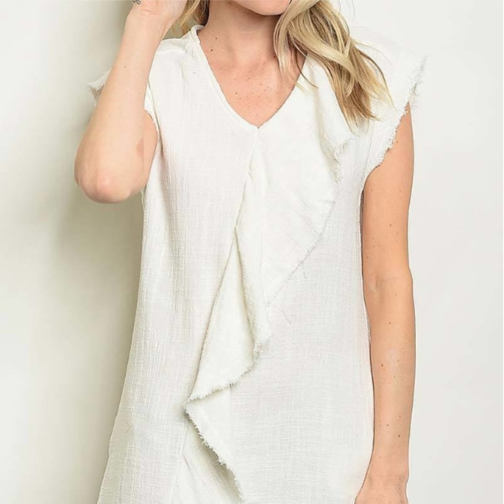 RUFFLE DETAIL V NECK SOLID DRESS